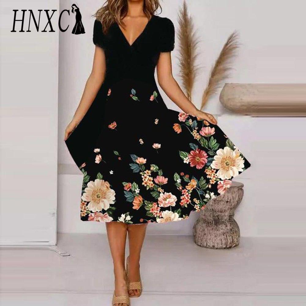 HNXC Übergröße V-Ausschnitt Midi-Kleid Kurzarm Hoher Saum Lässig Bunt Blumendruck Kleid