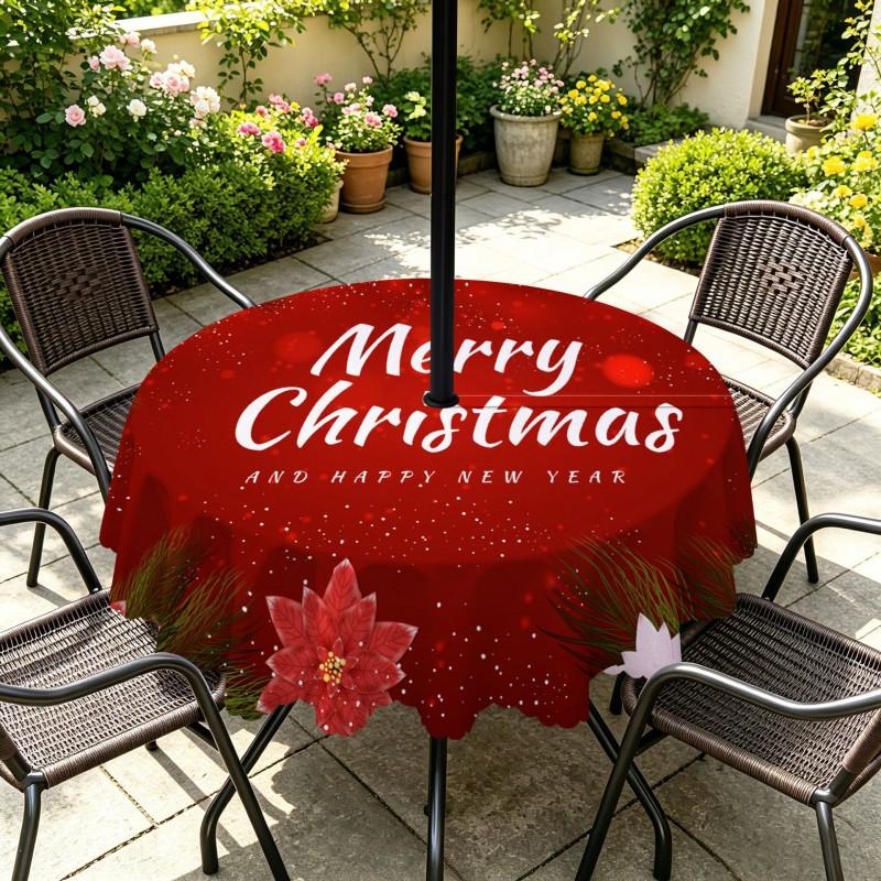 Outdoor Christmas Tablecloth Round Waterproof Oil-Resistant Patio Table Cover Garden Deck Umbrella Hole