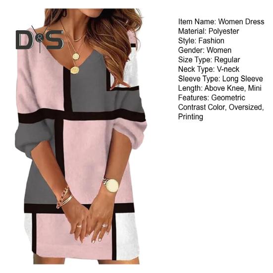 Women Autumn Winter Casual Dress V Neck Long Sleeve Geometric Contrast Color Print Oversized Vacation Dress Streetwear
