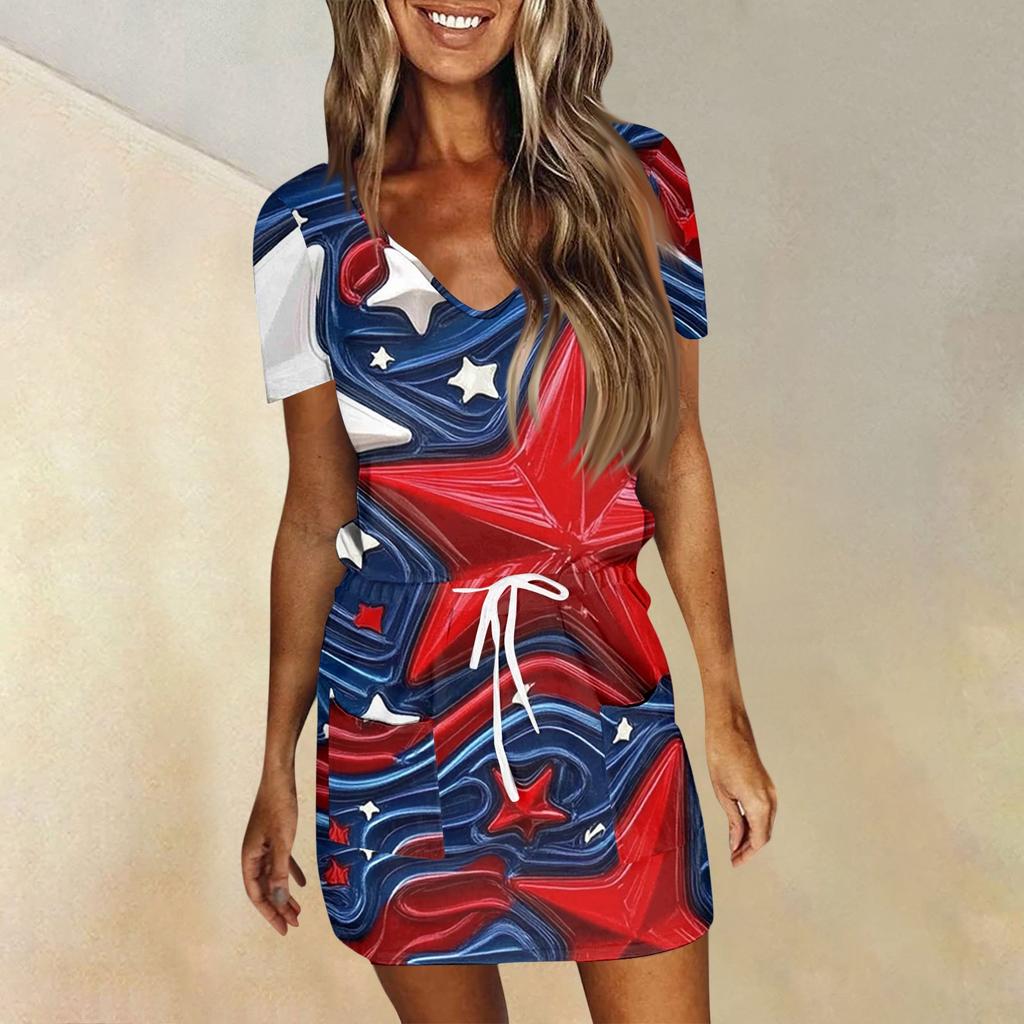 Women's Fashion Summer Independence Day Printed Short Sleeve Pocket V-Neck Dress