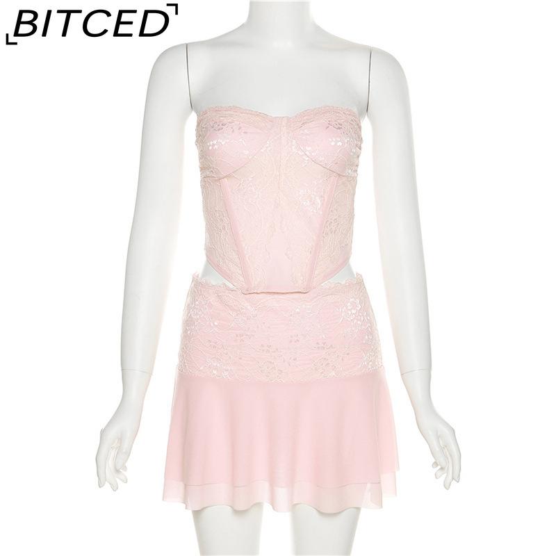 

BITCED Spring/Summer Women s Collection: Solid-Colour Sensual Halter-Neck Crop Top with High-Waisted Pencil Skirt Set L розовый