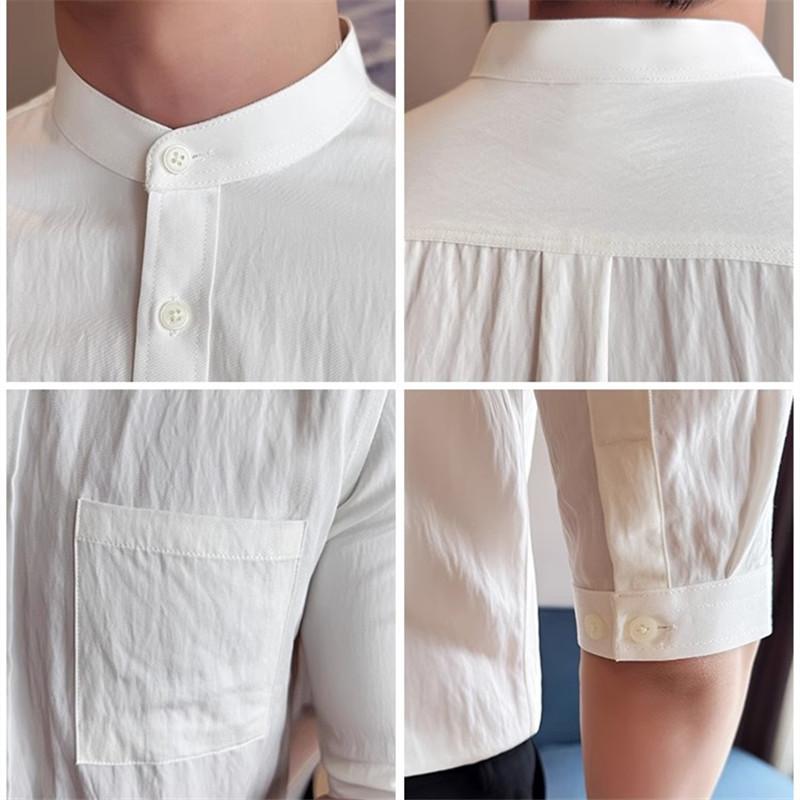 Half Sleeve Shirts Men Fashion Stand Collar Slim Fit Men's Casual Shirt