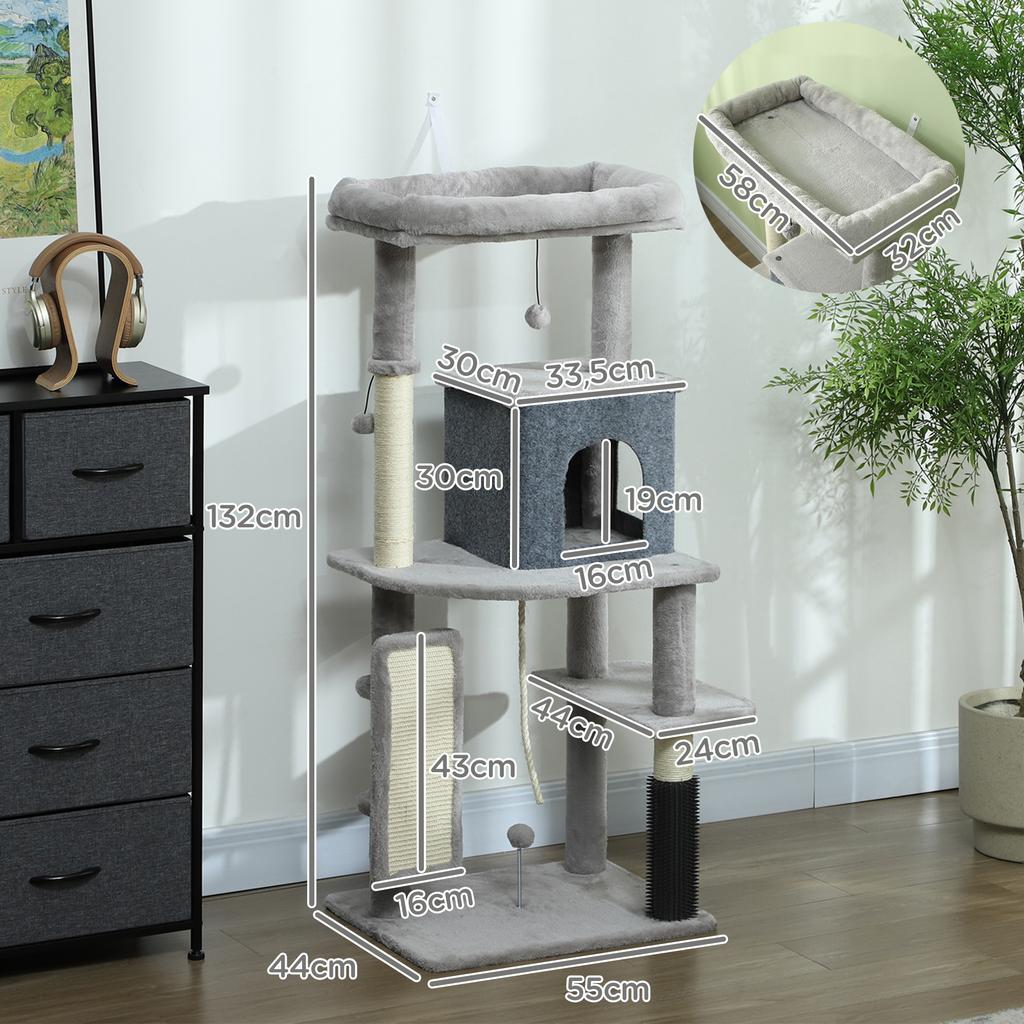 132cm Cat Tree W/ Scratching Posts, Pad, Cat Bed, Cat House, Jumping Platform, Grooming Brush, Anti-Tip Kit, Light Grey