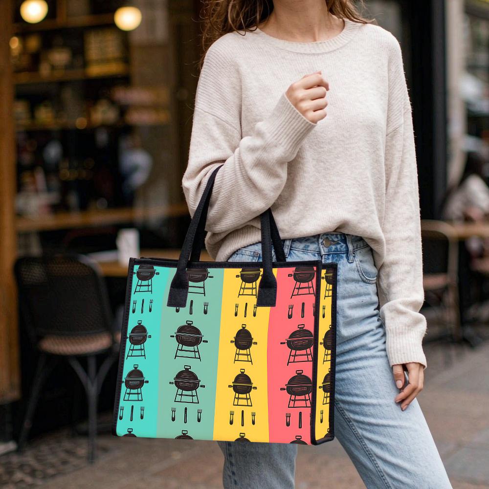 Colorful Grill Pattern Tote Bag Large Casual Daily Handbag Lightweight Reusable Shopping Bag for Outdoor Picnic