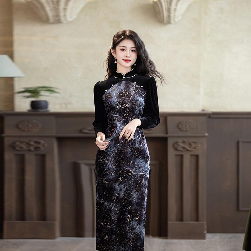 Stretch velvet new Chinese style Suzhou long-sleeve autumn qipao, improved youth style 1011 new women's sophisticated spring and autumn style