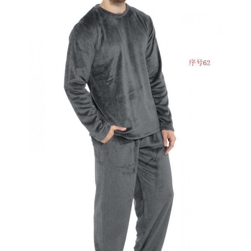 Mens Flannel Pajama Set Round Neck Long Sleeve Pants Soft Warm Loungewear Young Men