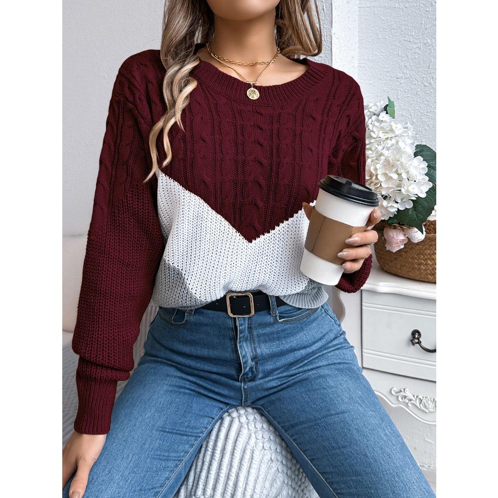 Women's Autumn/Winter Sweatshirt-Style Casual Colour-Block Cable-Knit Bell-Sleeve Pullover Loose-Fit Knitted Top for Ladies