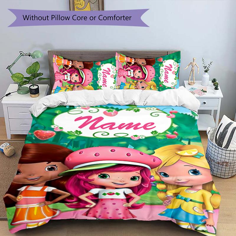 3pcs Strawberry Princess2 Cover Set - Personalized Name, HD Printed Bedding with 1 Cover and 2 Pillowcases - Perfect for Home Decor, Easy Care