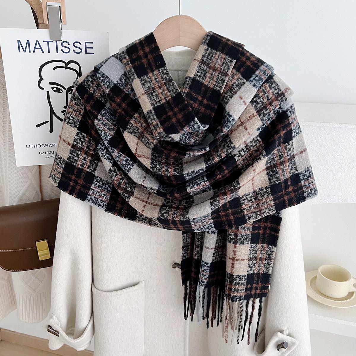 

Autumn Winter New High-End Versatile Plaid Scarf Women S Shawl Commuting Tassel Imitation Cashmere Scarf