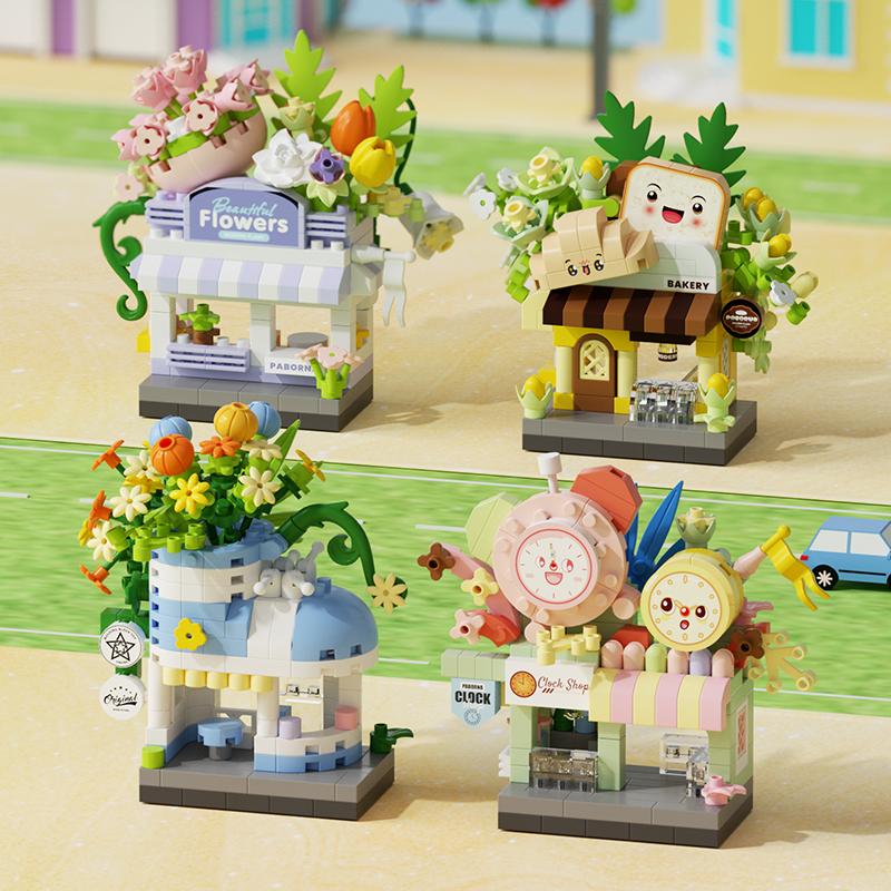 Mini Street View Kaffee Fotostudio Haustier Brot Dessert Blume Hamburger Kleine Läden Stadt Bausteine Für Kinder Spielzeug Geschenke