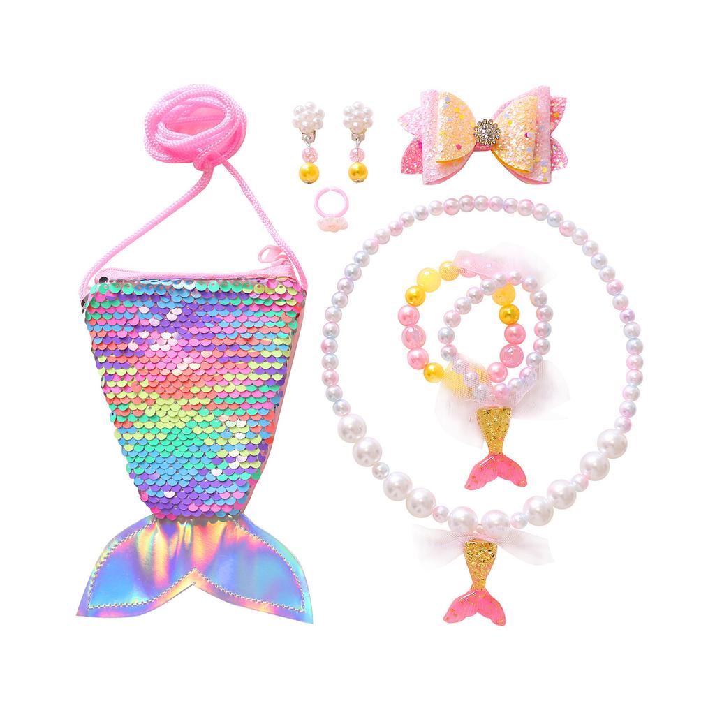 Comerț exterior transfrontalier copii coadă de sirenă fete set colier brățară inel cercei accesorii fetiță