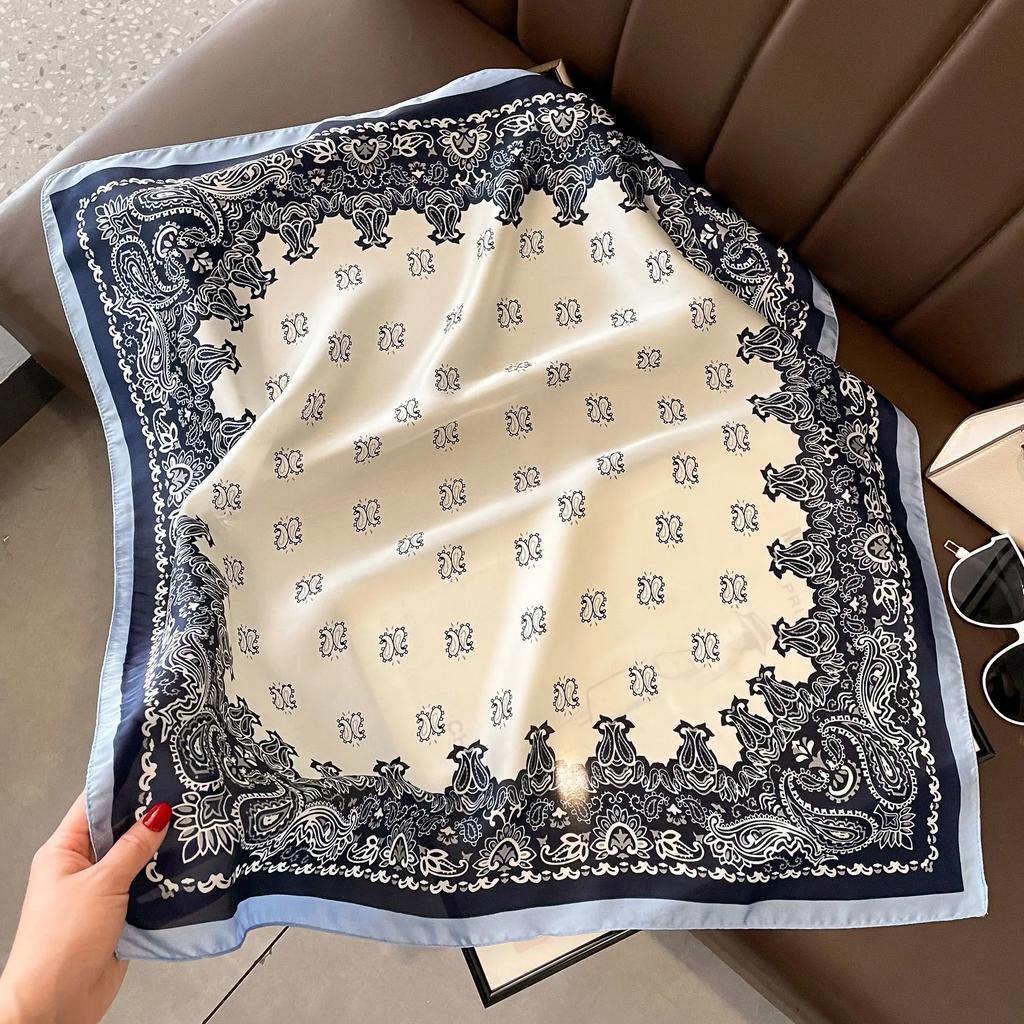 Fashion 70*70 Cm New Designer Women Scarf Houndstooth Silk Print Wrap Temperament French Luxury Ladies Handkerchief Headband