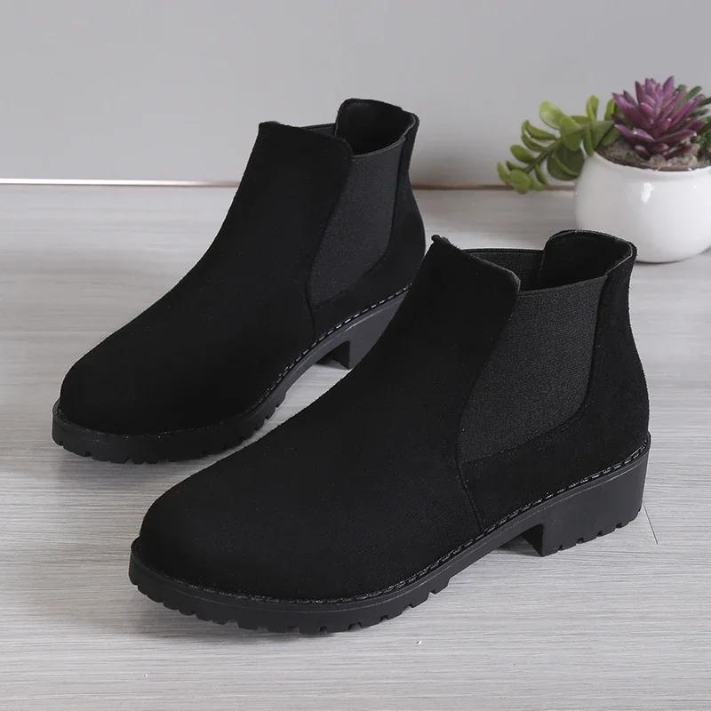 Women Winter Shoes Cow Suede Ankle Boots Chelsea Boots Chunky Boots Black Female Autumn Fashion Platform Booties Beige