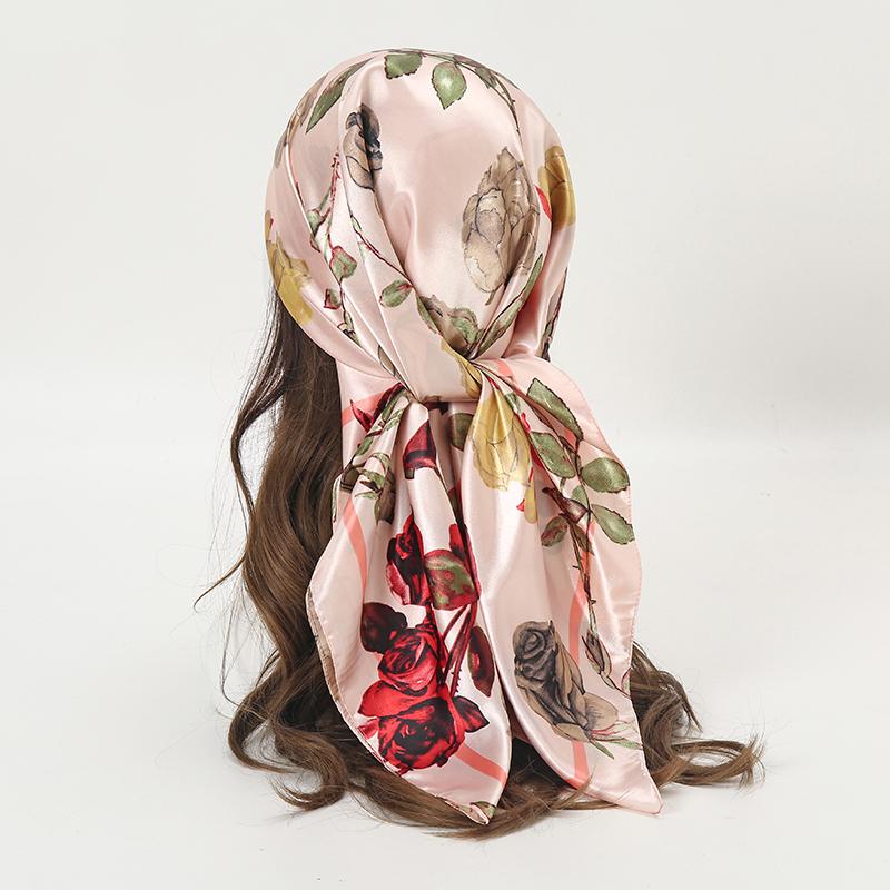 

Spring New Flowers Print Satin Square Scarf for Women Muslim Hijab Silk Neckerchief Shawl Wraps Headband Foulard Bandana Turban 90x90 cm