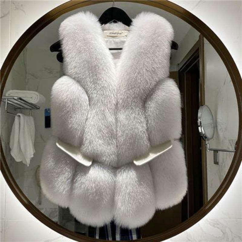 

Зимний новый жилет из легкого меха, женский короткий меховой жилет из искусственного лисьего меха S 85-50 kg слоновая кость