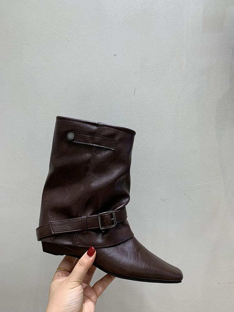 Vintage Suede Khaki Short Boots Women's Boots French Boots Autumn Niche Design Western Pile Boots Knight Boots
