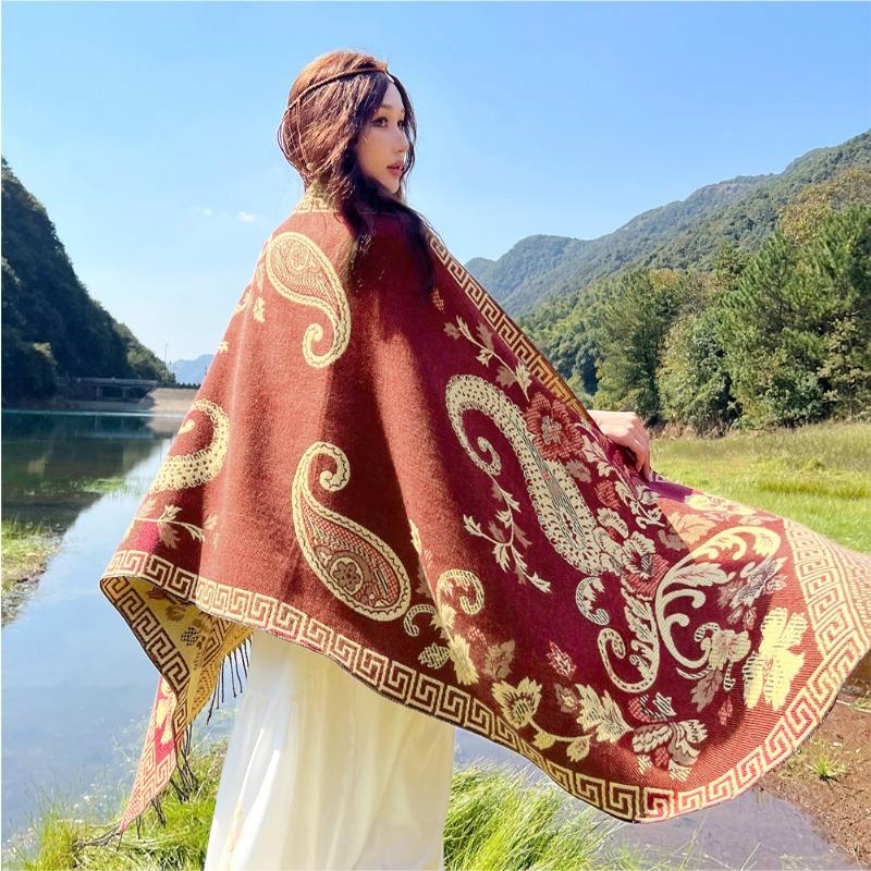 Spring new shawl women's Xizang Yunnan travel photo sunscreen scarf warm imitation cashmere thick scarf