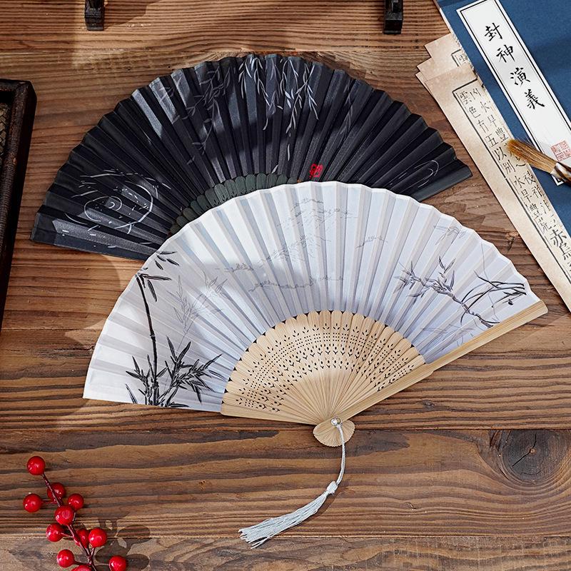 Chinese Summer Folding Tassel Fan - Traditional Hanfu Dance Bamboo Fan for Men & Kids
