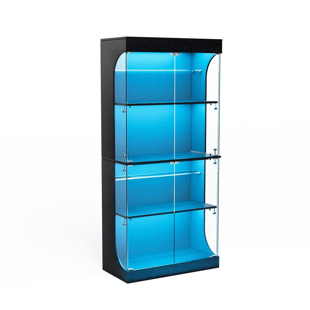 Four-tier Glass Display Cabinet, Storage, LED Lighting, Glass Doors, Smart Sensors, Dustproof, for Living Room, Bedroom, Offices. Black. 80*35*165cm