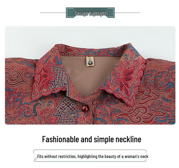 Women's Printed Lapel Nine-Sleeve Shirt Jacket - Spring/Fall Thin Cardigan for Middle-Aged & Elderly Women