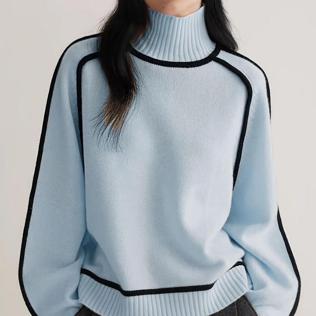 Women's Elegant Sweater Long Sleeve Turtleneck Pullover Sweater In Light Blue & White Horizontal Stripes Classic Knitwear Comfortable Stylish Top
