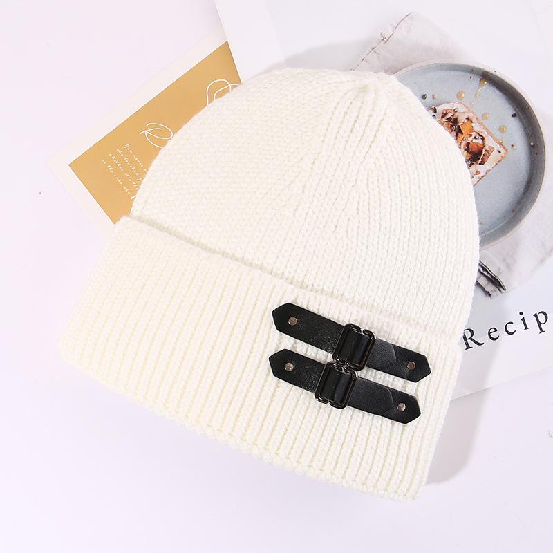 American Leather Buckle Knitted Cold Hat for Men and Women In Autumn and Winter Small Versatile Wool Hat Warm and Cold Hat