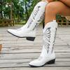 Cowboy Boots for Women Cowgirl Western Boots Embroidery Stitched Chunky Heel Mid Calf Boots Women's Pull-on Vintage Faux Leather Wide Calf Boots