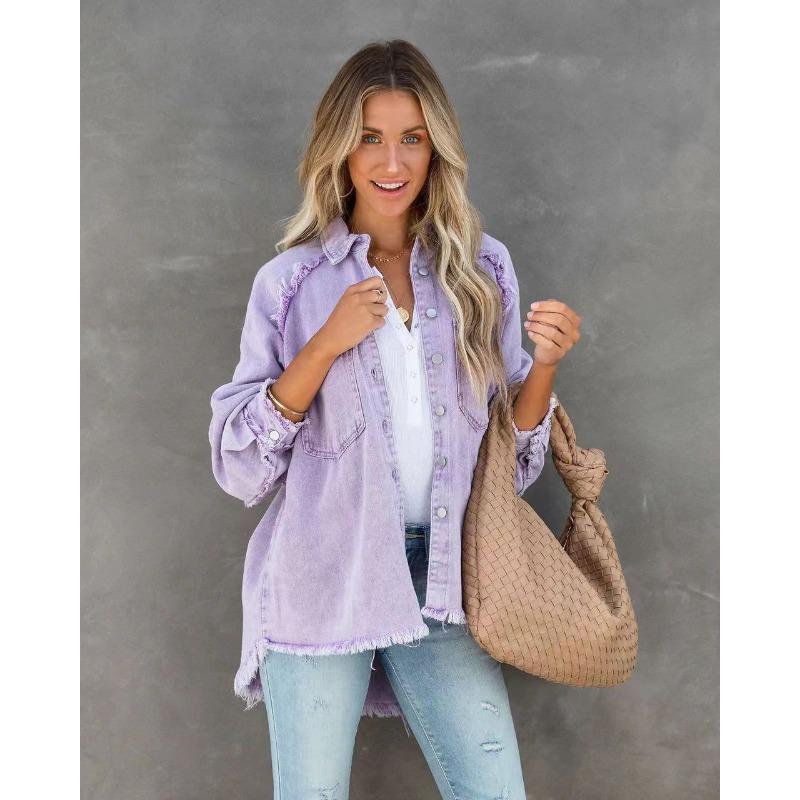 Autumn Long-sleeved Denim Jacket Women's Washed Rough Edge Medium and Long Loose Jacket