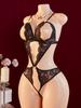 Women One-piece Exotic Costumes Black See Through Deep V Sexy Underwear Porn Hollow Crotchless Backless Bodysuit Lingerie Set
