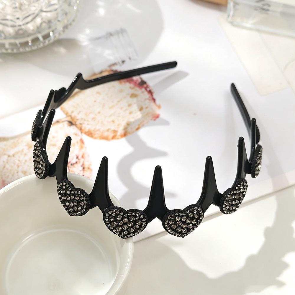 Korean Sparkly Rhinestone Flower Wavy Black Headband with Non-slip Teeth for Women