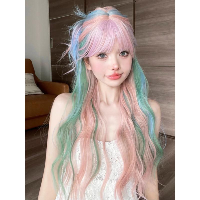 28Inch Iridescent Rainbow Color Multicolour Synthetic Wigs with Bang Long Natural Wavy Hair Wig for Women Cosplay Heat Resistant
