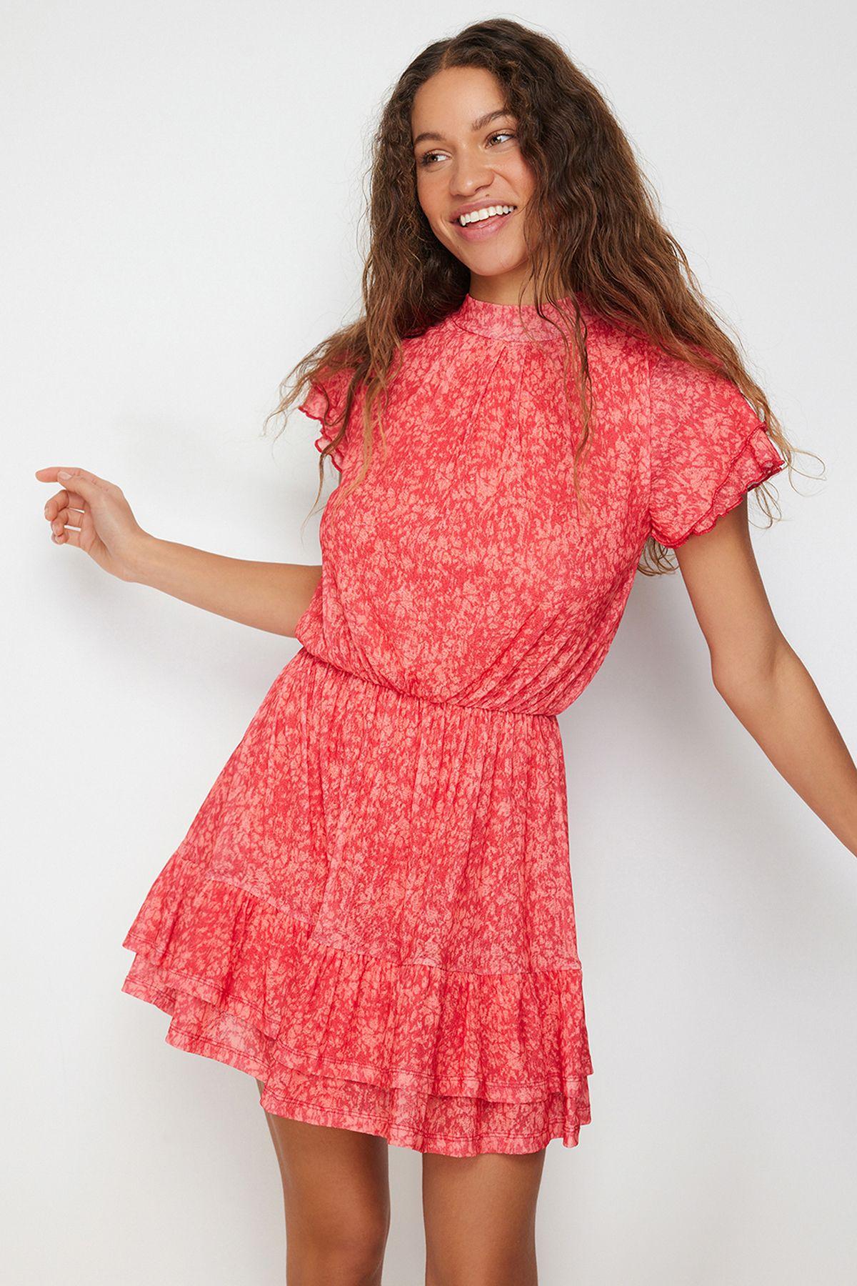 

Женская модная красная юбка со специальной текстурой, мини-платье с рюшами и коротким рукавом, с высоким воротником, гибкое трикотажное мини-платье L