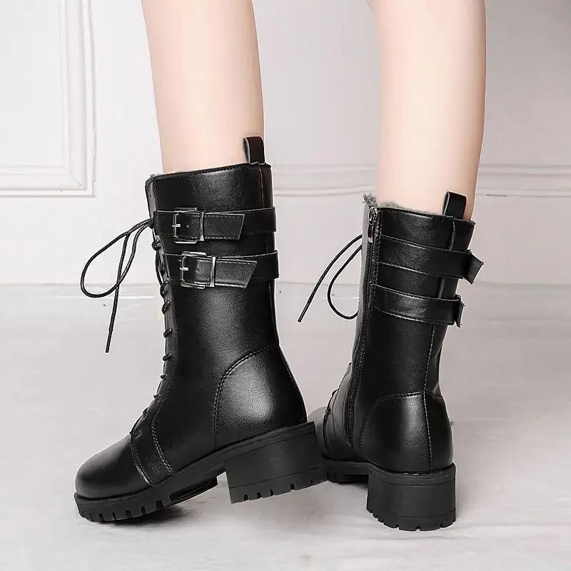 2025 Winter New Leather Womens Boots Chunky Heel Big Size platform boots Short Plush Fashion Buckle Side Zipper Warm Women Shoes