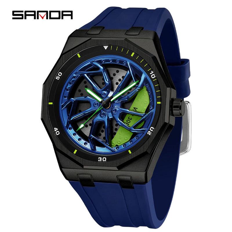 SANDA Men's Waterproof Luminous Polygonal Quartz Watch with 3D Rotating Dial and Silicone Band