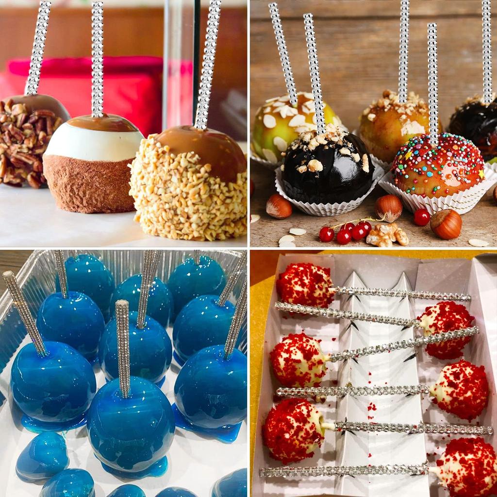 Silver Candy Apple Sticks, 26Pcs Bling Caramel Apple Wooden Pointed Skewers, Fruit Treats Cake Pop Decorative Sticks with Glass Bag Glitter Ribbons