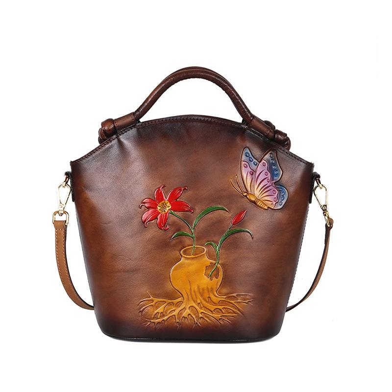 

Сумки ручной работы в стиле ретро, ​​женские сумки, сумки-мешки с тиснением из воловьей кожи для отдыха на плечах и через плечо коричневый