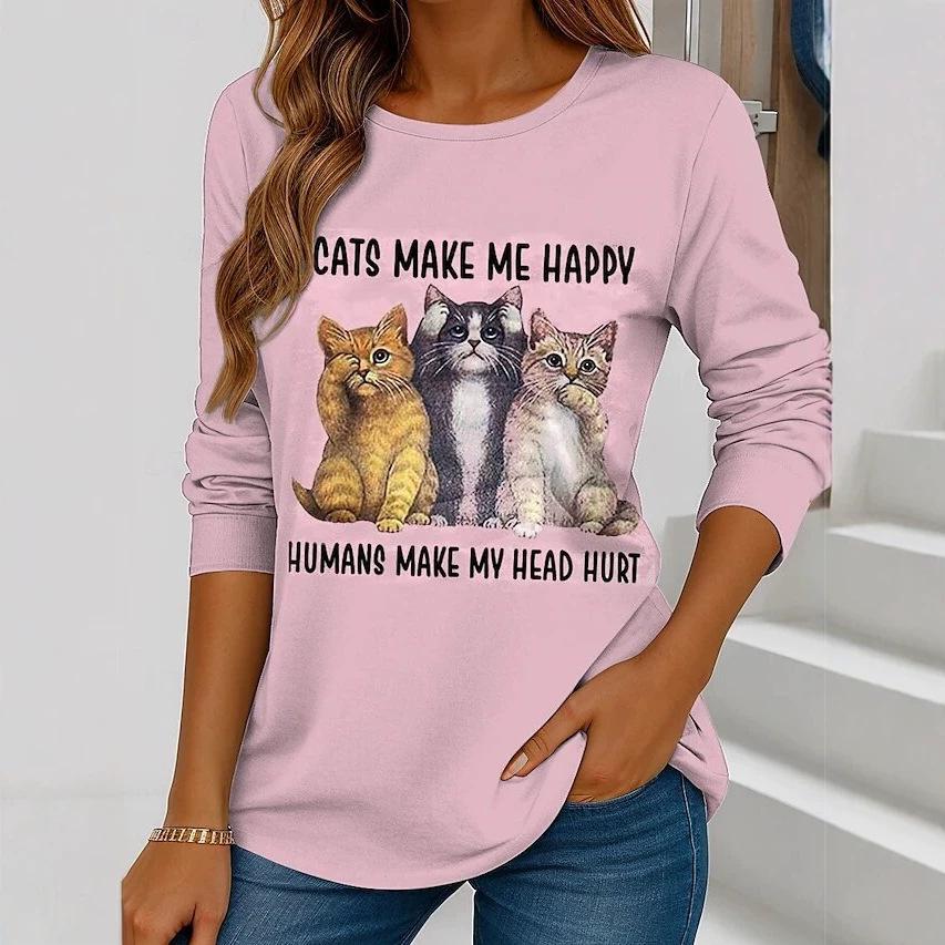 Herbst und Winter Damen Katze 3D-Druck Rundhals Langarm T-Shirt