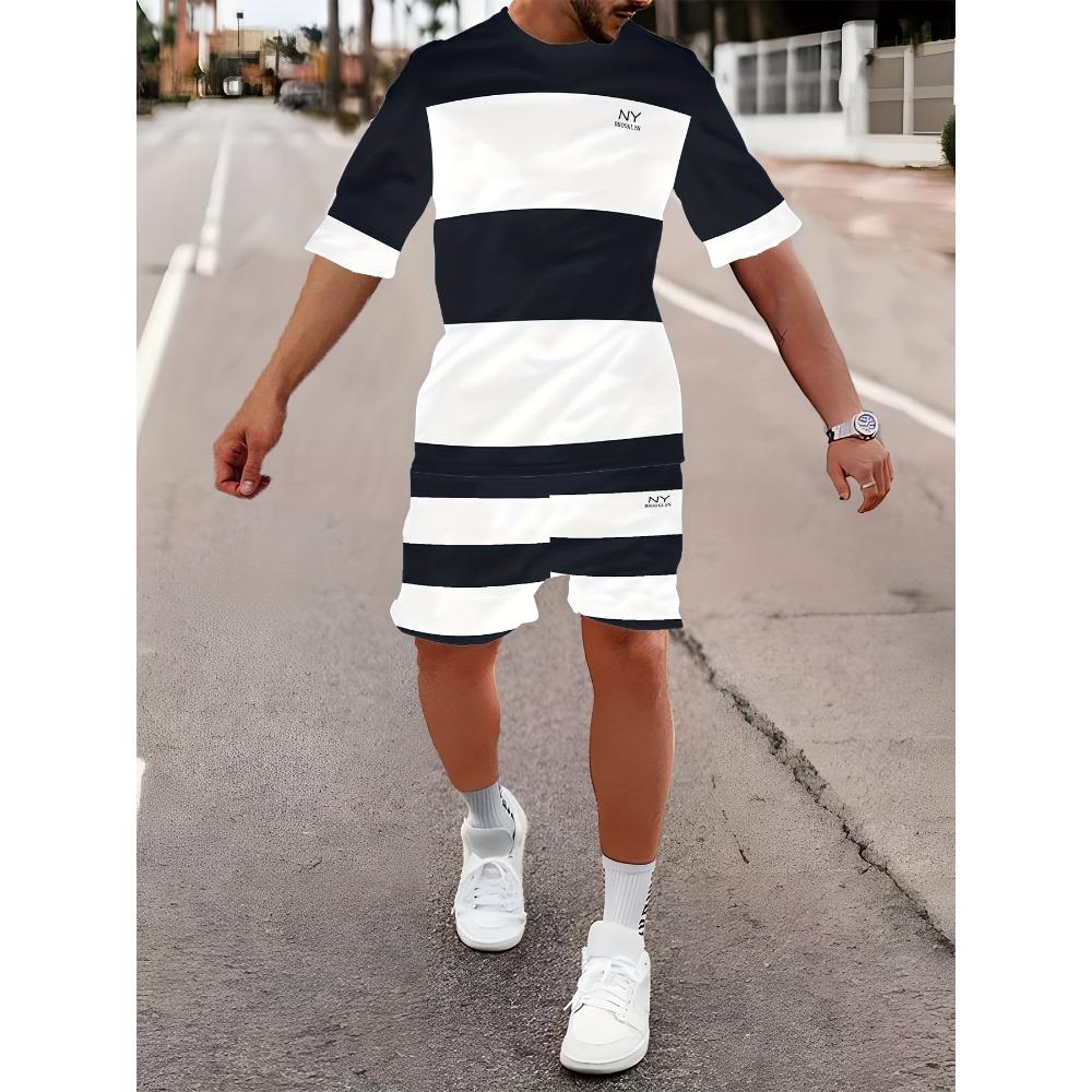 Fashionable Men's Summer Striped Print Micro Elastic Breathable Round Neck T-shirt Shorts Set