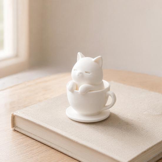 yangyizhi 3D Printed Cute Cat Teacup Figurine, Mini Animal Statue Healing Decor Ornament, Smooth White Desktop Sculpture with Integrated Stable Base,