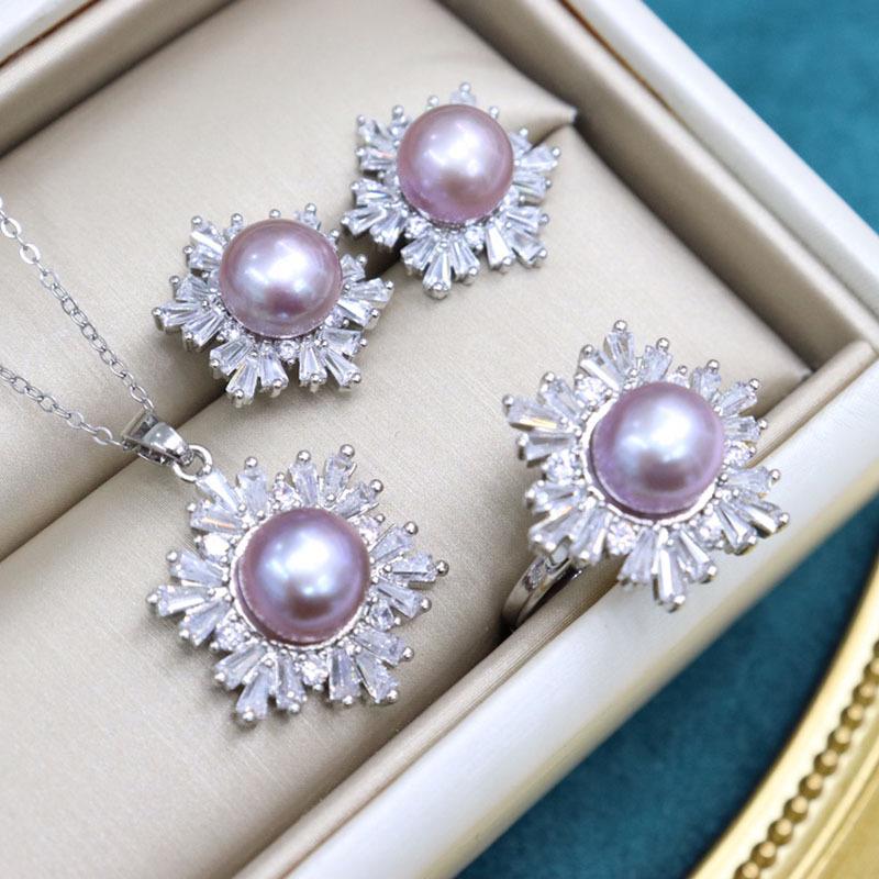 18K Gold-Plated Freshwater Pearl Jewelry Set: Necklace, Earrings & Ring with Micro-Pave Diamonds (9-10mm Pearls).
