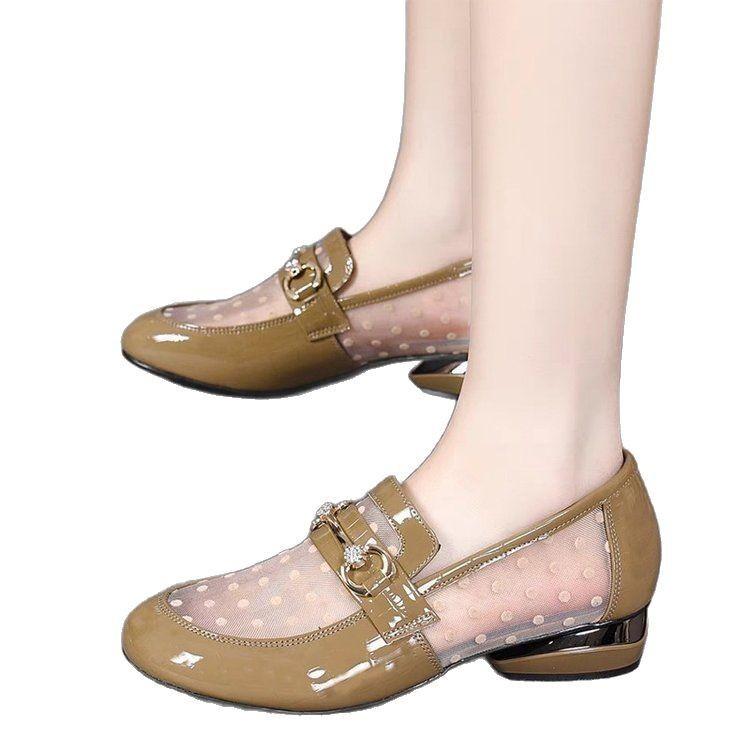 Mesh Soft Leather Single Shoes 2025 New Hollow Low-heeled Women's Sandals Summer Flat-soled Soft-soled Loafers Low-top Leather Shoes