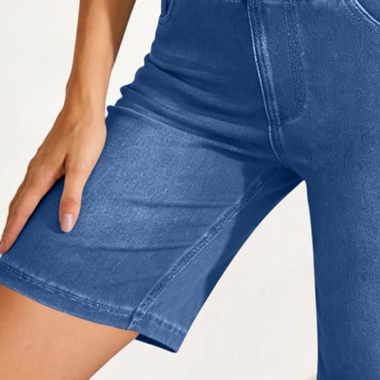 Stretchy Jean Shorts for Women High Waisted Tummy Control Pull On Denim Shorts Summer Casual Knee Length Jorts with Pockets