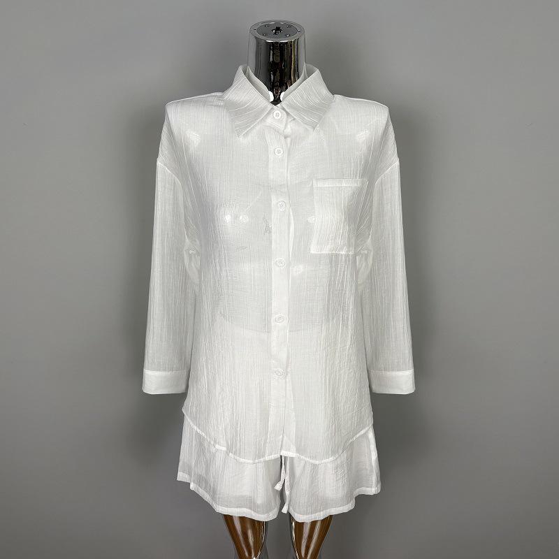 Korean Dongdaemun Fashion Casual Solid Color Slimming Long Sleeve Shirt & Shorts Set Women s Trend One Size