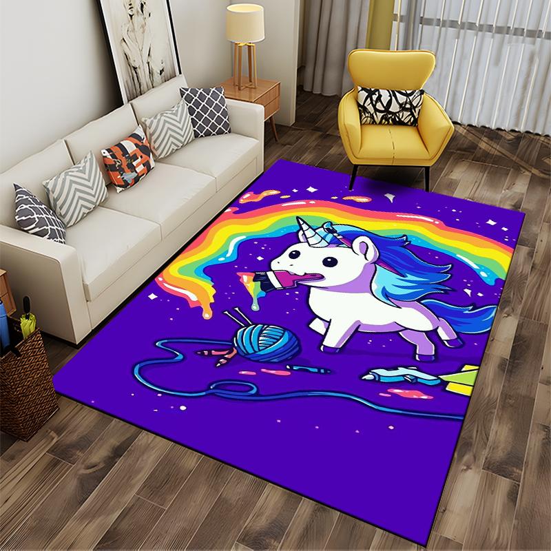 Colorful Unicorn with Rainbow Yarn Delight Non-slip rug suitable for living room and bedroom sofas.