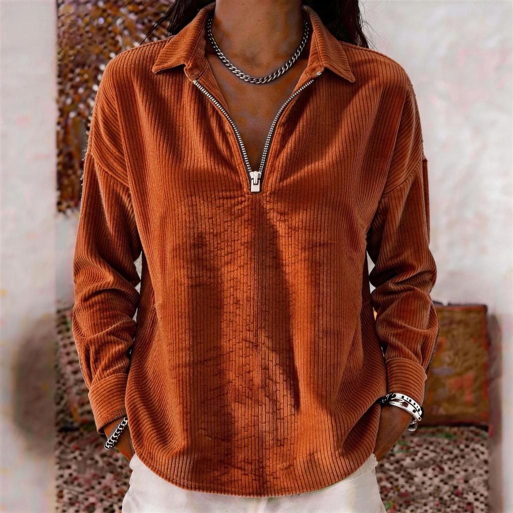 Women's Corduroy Long Sleeve Top with Loose Fit Turn-Down Collar Retro Blouse