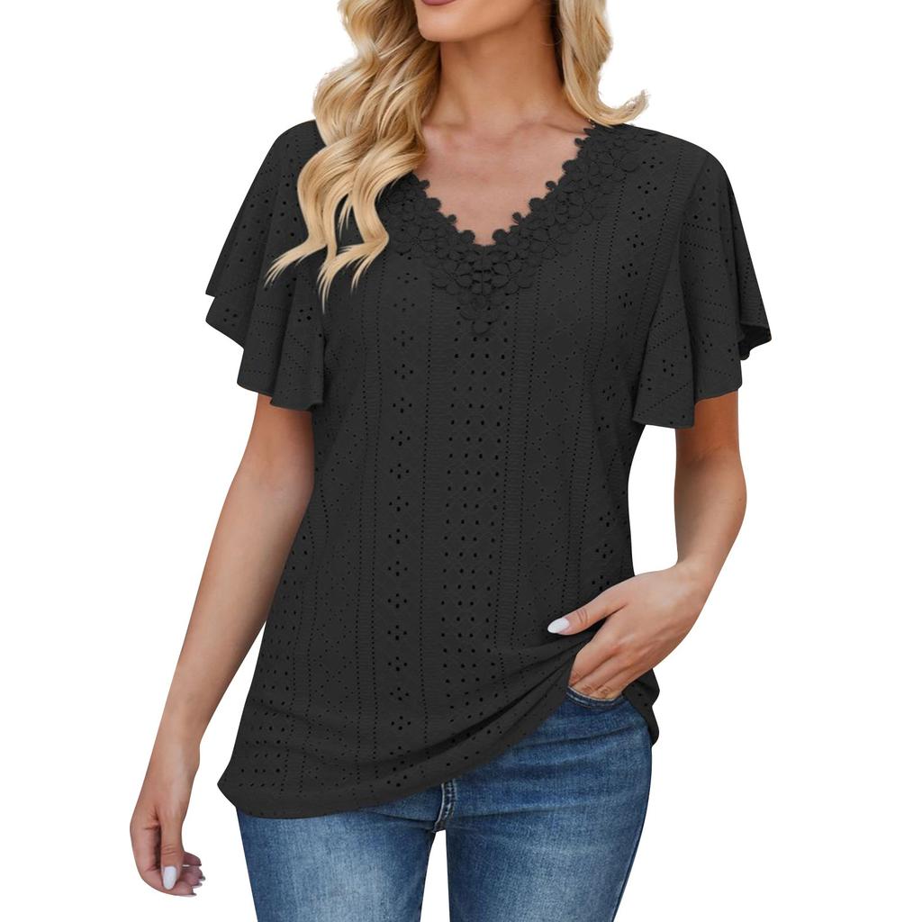 Fashionable And Trendy Women's New Lace V-neck Leaf Sleeve Solid Color Loose T-shirt