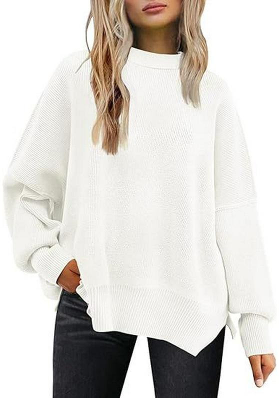 Women's Chunky Knit Loose Batwing Sweater - Autumn & Winter Round Neck, Long Sleeve, Solid Color, Side Slits, European Size, Lazy Style