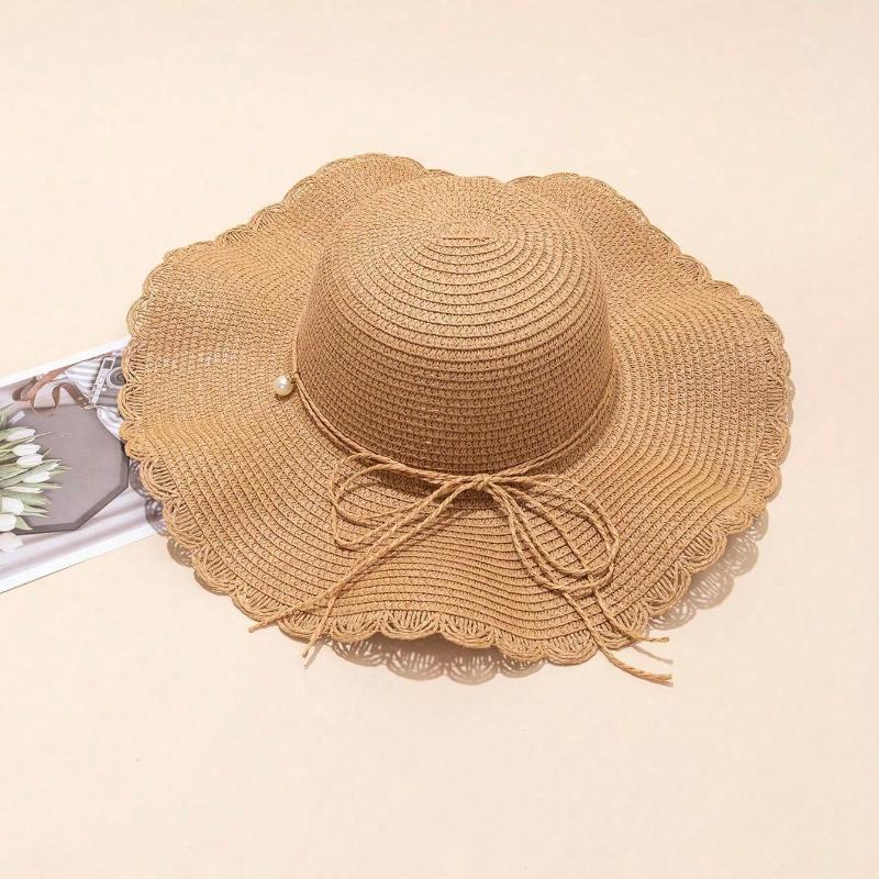 1Pc Women'S Khaki Wave Beach Sun Hat With Faux Pearl & Bowknot Detail, Elegant Beach Travel Vacation Sun Hat For Vocation,Party