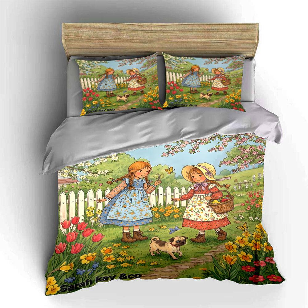 Garden Girls and Pug Bedding Duvet Cover Set  (1*Duvet Cover 2*Pillowcases, Without Duvet Insert)