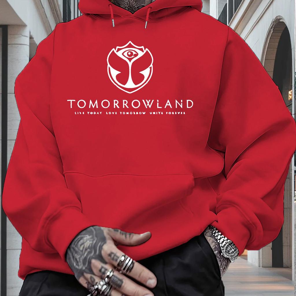 "TOMORROWLAND" Grafikli Erkek Kapüşonlu Sweatshirt - Günlük Pullover Sweatshirt Uzun Kollu Normal Kesim Sonbahar/Kış Günlük Giyim Kapüşonlu Sweatshirt